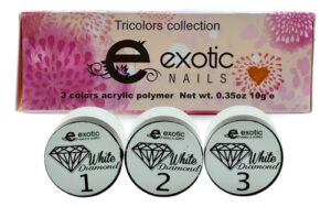 Colección Tricolor Exotic Nails Trío 3 Acrílicos Decoracion White Diamond